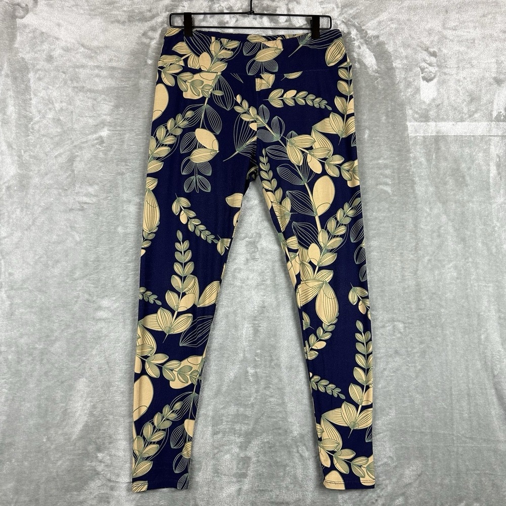 LuLaRoe Tall & Curvy Leggings Women's Blue w/ Tan Cream Floral Leaf Print